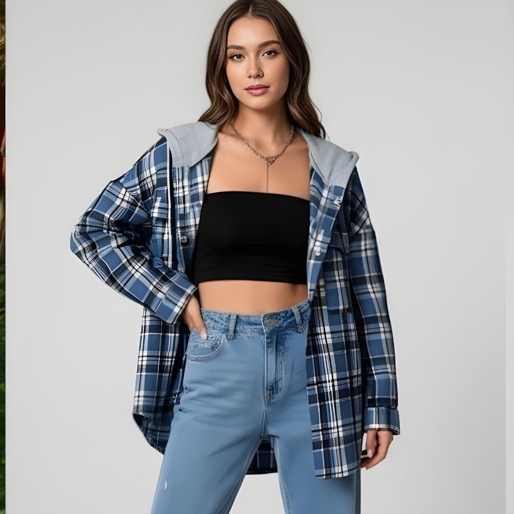 Blue Plaid Shacket with Drawstring Hoodie